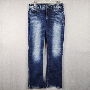Silver Suki Mid Slim Boot Super Stretch Womens Jeans Faded Embroidered